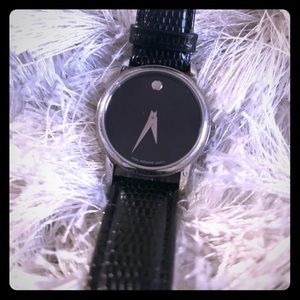 Movado Silver Dial Black Leather Strap Watch